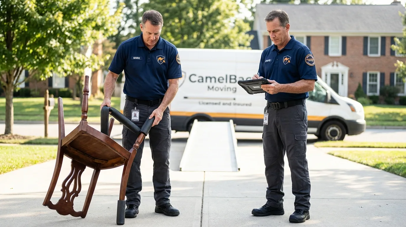 Movers inspecting furniture for damage prevention before loading in Enumclaw, WA